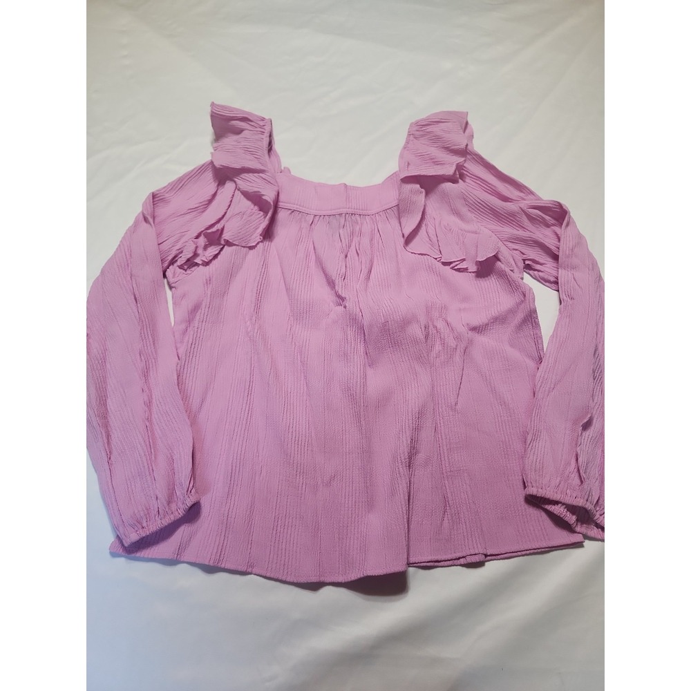 Design‎ 365 Textured Pink Long Sleeve Ruffle Square Neck Top Size Large Womens